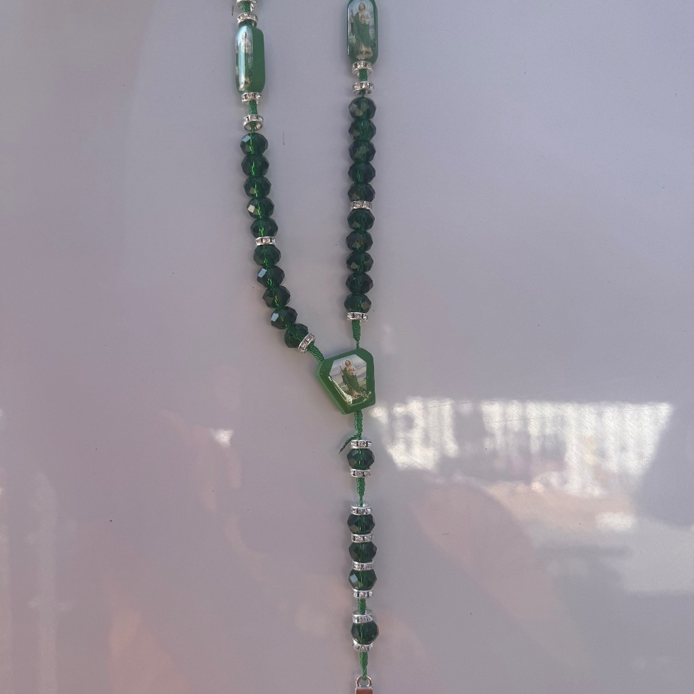 Green and silver rosary necklace of saint Jude #goth #grunge